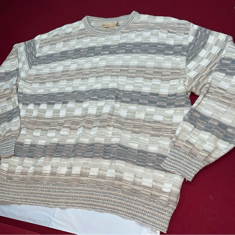 90s Shenandoah Gray Tan Chunky Knit Cotton Blend Sweater Made In USA Size XL Men